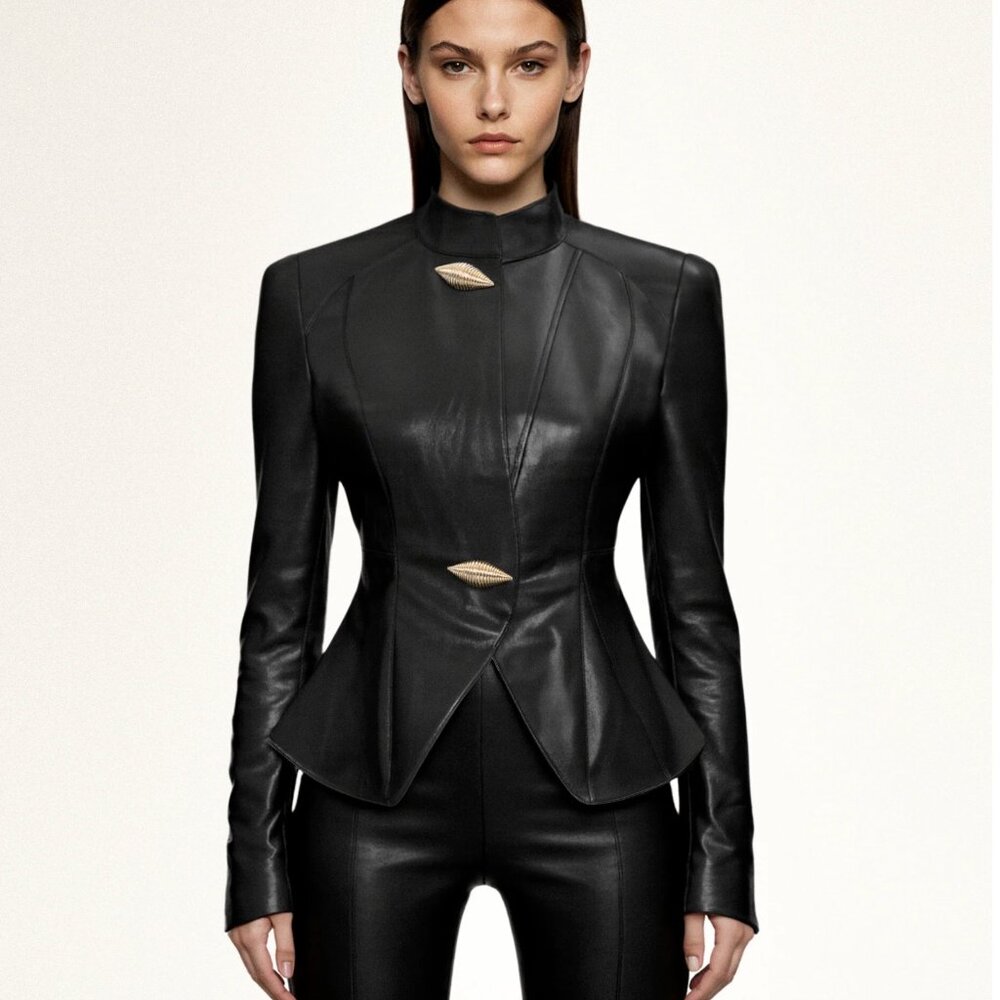 JW Pei Autumn Metallic Conch PU Jacket - Black